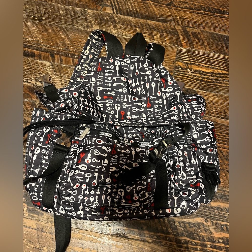 Le Sportsac Backpack Key Print Red, White & Black 17x17”